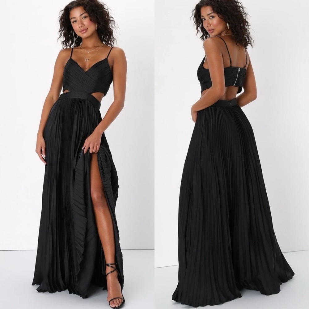 NWOT Lulu’s Got the Glam Black Pleated Cutout Maxi Dress Gown Large